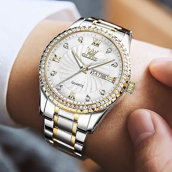 Lyxiga herrur i rostfritt stål, stora guld-analoga herrur med kvarts, mode 30m vattentäta casual armbandsklockor med dag-datum diamant manlig dröm