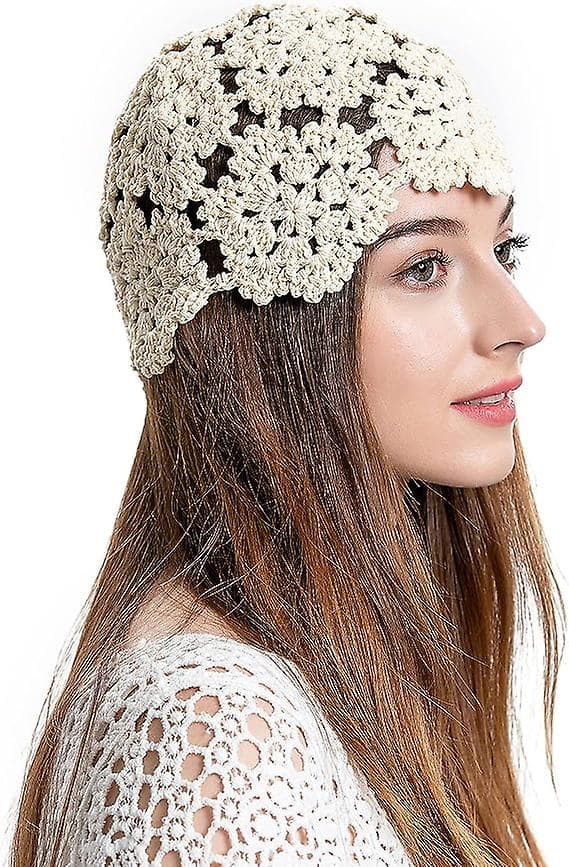 Håndstrikket Hule Blomster Beanie Hatt i Bomull for Kvinner