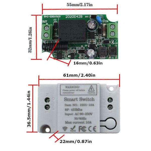 433MHz AC 110V 220V 1 kanavainen RF-rele vastaanotinmoduuli Universaali langaton kaukosäädin
