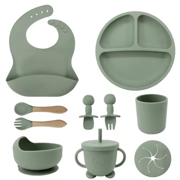 10-delad barnmatset med sugkopp, sugkoppstallrik, trähandtag, gaffel, silikonbabysnabba, silikonbarnserviser 6
