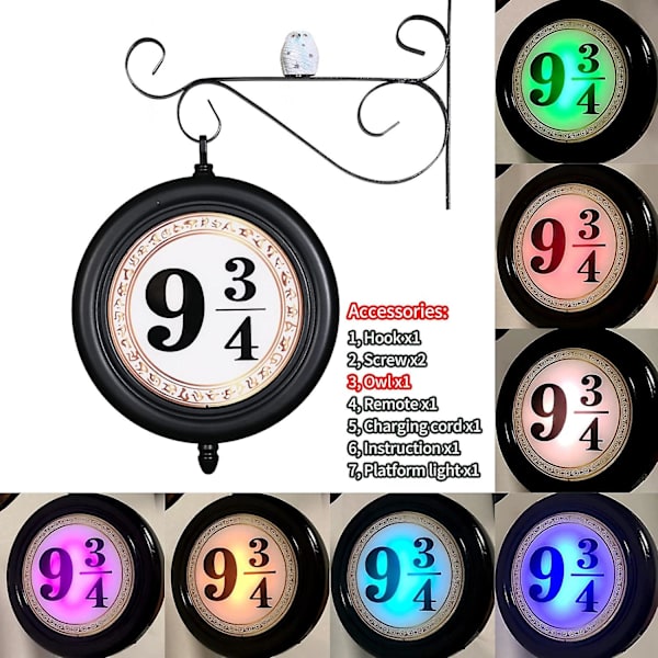 Plattform 9 3/4 Skilt Dekorativ Nattlampe, 9 3/4 Veggmontert Nattlampe Med Ugledekor & Fjernkontroll, Romdekor Gave Til Harry-Fans