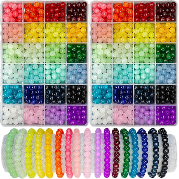 1400 stk Glasperler til Smykkefremstilling, 24 Farver 8mm Krystalperler Armbåndsfremstillingskit, 2 Æsker Runde Perler Velegnet til Begyndere