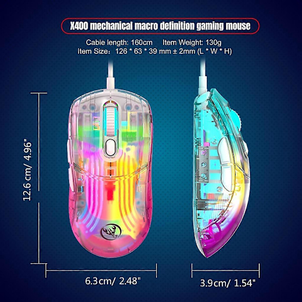 Spelmus Trådbunden 12800DPI Programmerbar Mus, Ergonomisk Spelmus Transparent Skal Ergonomisk USB Optisk Mus Mus