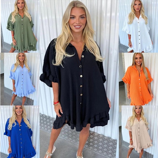 Dame Gullknapp Plissert Kjole - Dame Kortermet Ensfarget Jakkeslag Volang Kant Casual Løs Pluss Størrelse Swing Sommerkjole, UK One Size 8-22