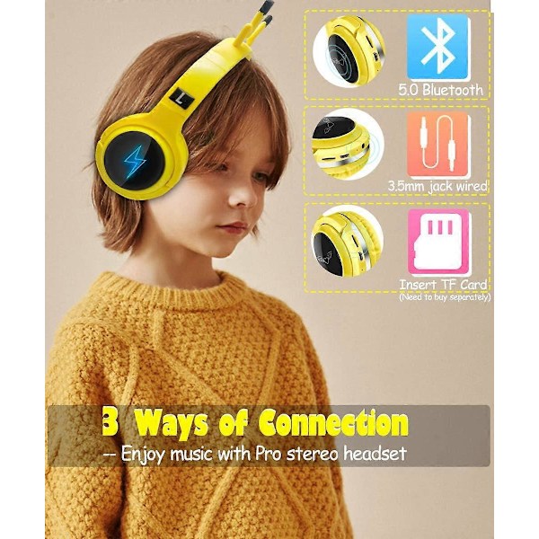 Børneheadset spilheadset med mikrofon, LED-lys, foldbar stereo $ Børneheadset Bluetooth stereo headset - Pikachu Gul