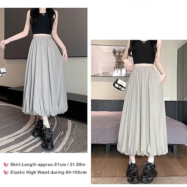 Midi-skjørt for kvinner A-linje Lanterneskjørt med lommer Mykt langt plissert skjørt Høy midje Elastisk kant Midi Casual Kjole