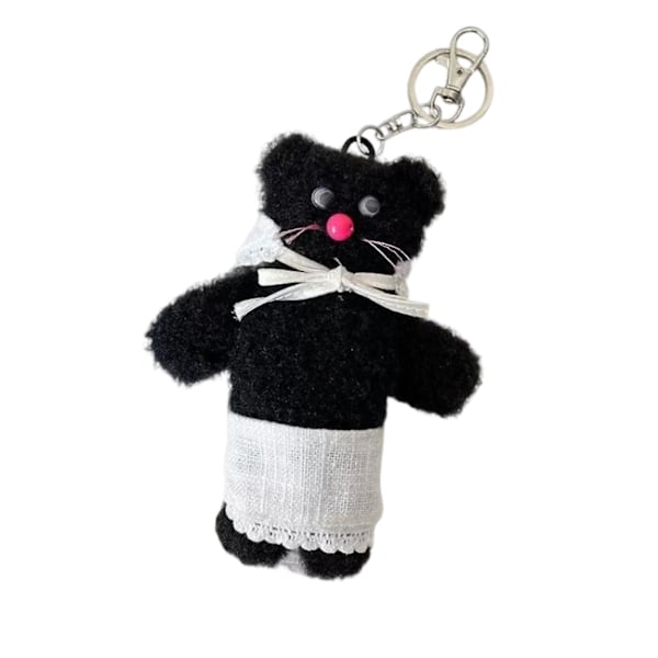 Plush svart bjørn med hvitt forkle og skjerf - Stoffdyr, Plushie, DIY nøkkelring, pynt, ryggsekkpynt