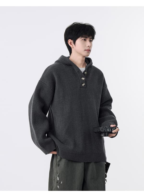 Strikket sweatshirt til mænd til efterår og vinter, halvt knappet Henry-krave hættetrøje dark gray L
