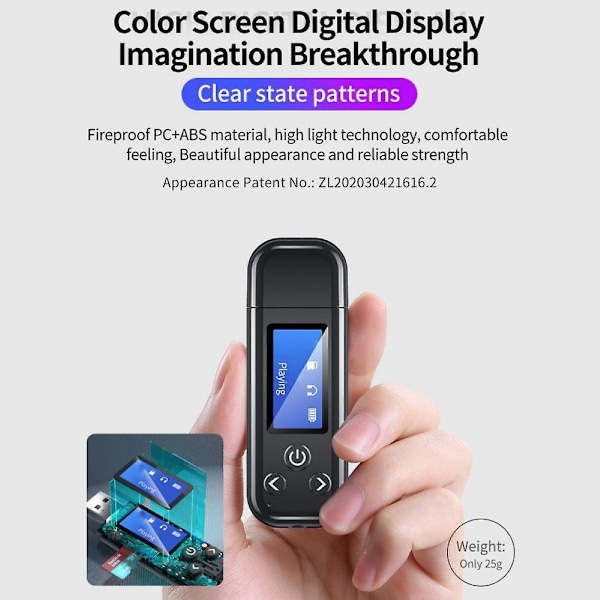 Bluetooth-vastaanotin LCD-näytöllä, Kannettava AUX Bluetooth 5.0 -sovitin autoon/kotistereoihin/kaiuttimiin/langallisiin kuulokkeisiin, Kaksoisyhteys/Melunvaimennus