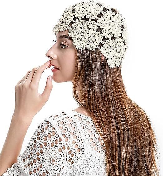 Håndstrikket Hule Blomster Beanie Hatt i Bomull for Kvinner