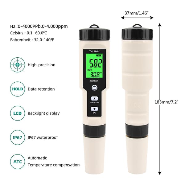 Hydrogenrig H2-måler med baggrundsbelysning Høj præcisions hydrogenmåler til vand