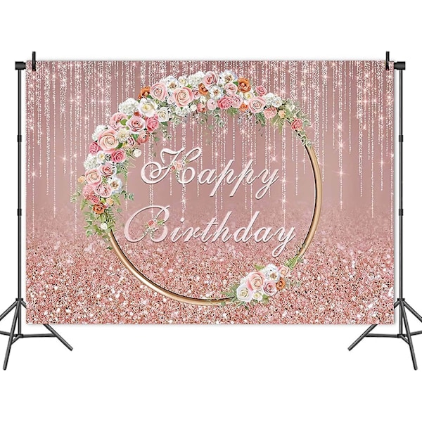 Vaaleanpunaiset ja ruusut kukat kultaisen glitterin Happy Birthday -teemalla taustakuva 7x5ft vinyyli Naisten makea prinsessa tyttöjen vauvan syntymäpäiväjuhlat koriste kakkupöytä Su