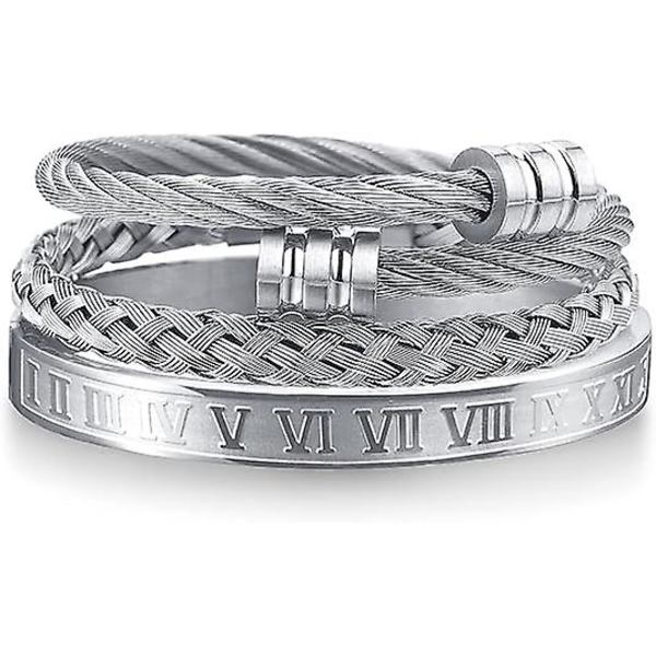 3 st. Armband i rostfritt stål för män Guld Romerska siffror Bangle Armband Vridet kabelarmband Justerbart manschettarmband