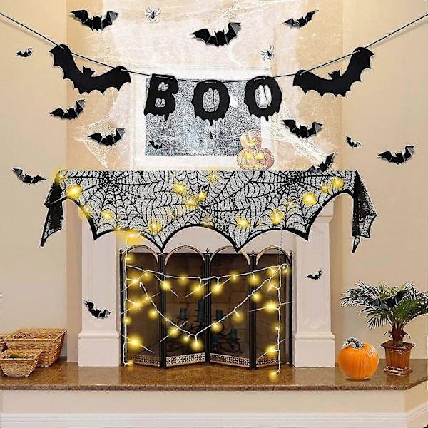 Halloween-inredning med spindelnät för eldstad, Halloween-banderoll, 3D-fladdermus, Halloween-hemdekoration, Halloween-festdekoration