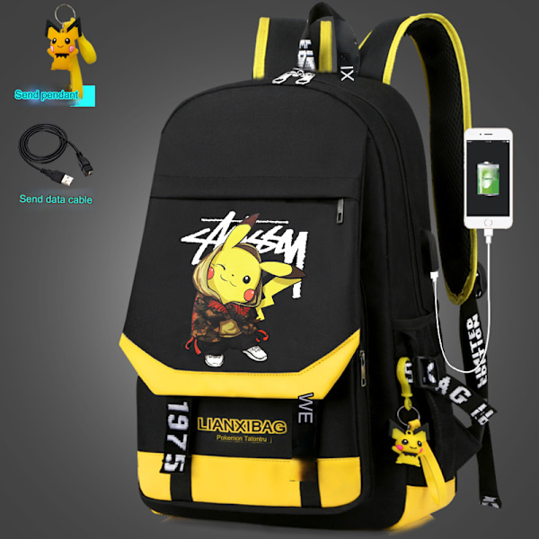 Backpack waterproof school bag USB headphone jack, yellow and black (with pendant)