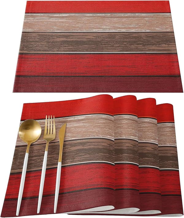Set med 6 rødbrune juleduker, rustikk låvevedtekstur, retro polyester, flekkbestandig, vaskbare underlag, dekorasjon til bord