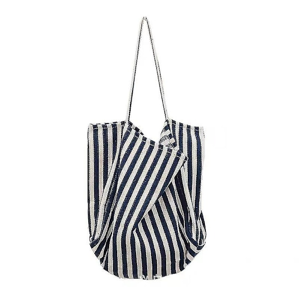 Randig Canvas Tote Bag Återanvändbar Bomullsduk Förvaring Shoppingväska Tygväska (blå Vit) (1st)