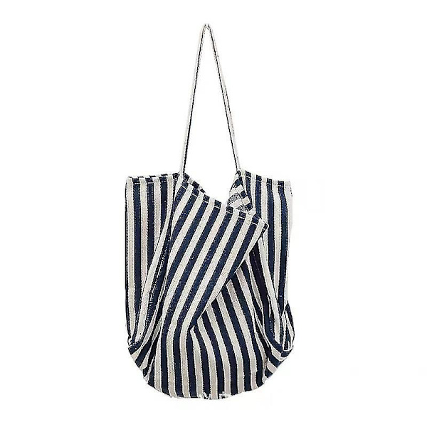 Stribet Canvas Tote Bag Genanvendelig Bomuldsstof Opbevaringsindkøbspose Kludpose (blå Hvid) (1 stk)