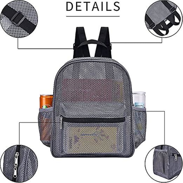Mini mesh ryggsekk, gjennomsiktig mesh ryggsekk for pendling, svømming, reiser, strand, utendørs sport grå
