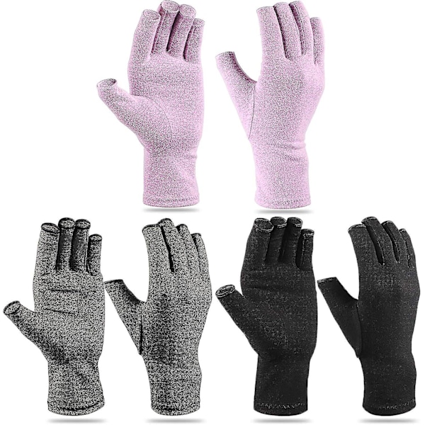 3 Par Kompressions Håndværk Arthritis Handsker Fingerløse Tryk Led Smertelindring Til Quilting Syning Tastning Husholdningsopgaver (sort, grå, lilla, m)