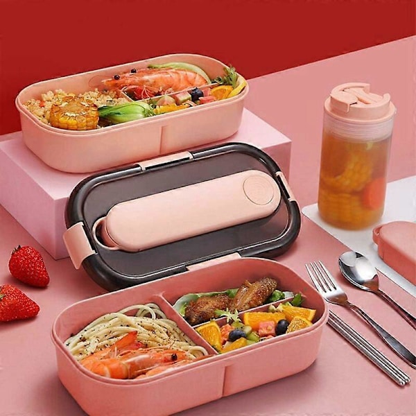 Lunchbox med 3 fack och bestick, Vattentät Bentobox, Bentobox med bestick, Matbehållare med sked och gaffel, Lämplig för att ta med (Rosa)