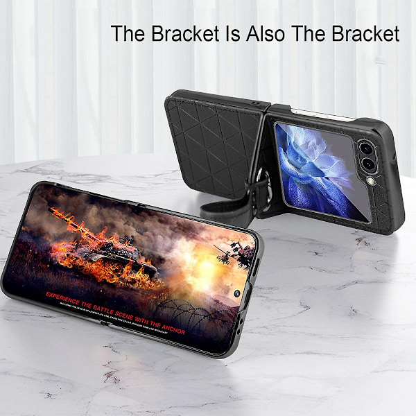 Z Flip 5 Etui, PU Læder Etui Kompatibel med Samsung Galaxy Z Flip 5 Med Håndledsrem Støttefod & Bagskærmsbeskytter