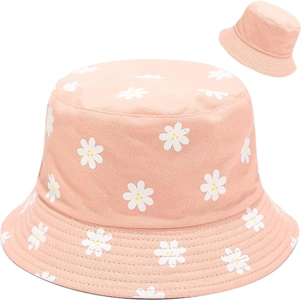 Cute Bucket Hat Beach Fisherman Hats for Women, Reversible Double-Side-Wear, Flower Pink