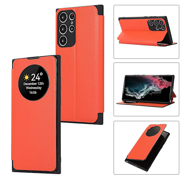 Fodral för Samsung Galaxy S24 Ultra, Smart Sömn/Väckningsfunktion Fönster Visa Premium Läder Flip Cover med Kortplats Stativ