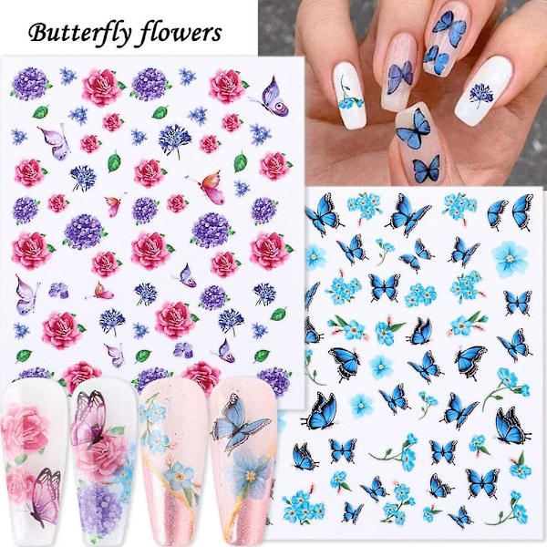Fjärilsblommor Nagelkonst Dekaler 3d Nagelkonst Tillbehör Fjäril Nagelkonst Dekaler Självhäftande Folie Tatuering Charms Blommigt Blad Fjäril Nai
