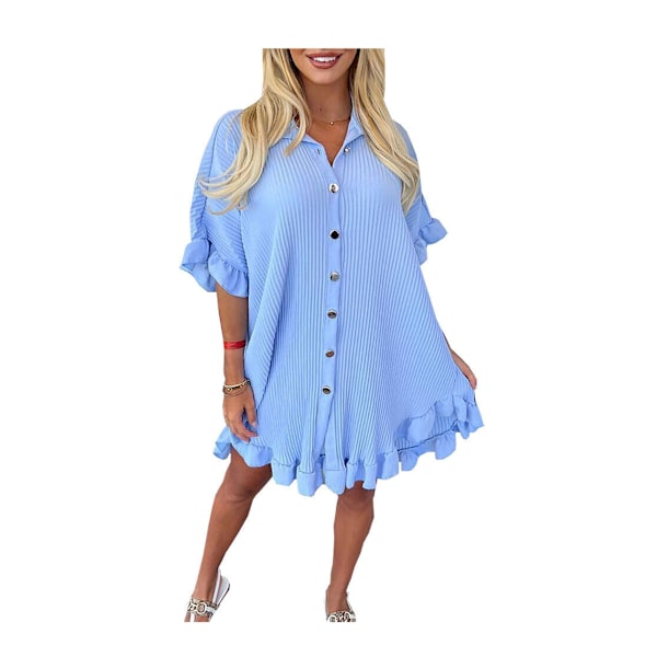 Dame Gullknapp Plissert Kjole - Dame Kortermet Ensfarget Jakkeslag Volang Kant Casual Løs Pluss Størrelse Swing Sommerkjole, UK One Size 8-22
