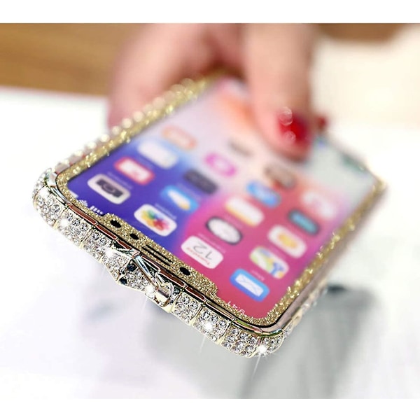 Diamant Rhinestone-etui til iPhone 13 Pro Max Kvinder med Skinnende Forgyldt Metal Bumper Kant (Guld)