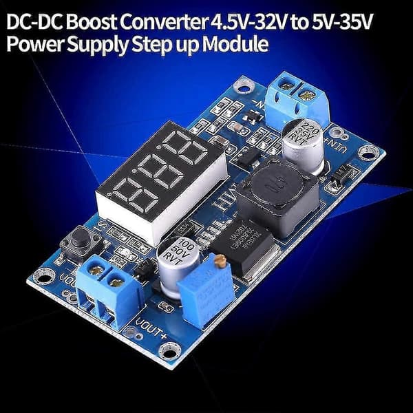DC-til-DC Boost Modul, Strømforstærker Konverter Regulator Spændingskonverter med Digital Voltmeter (1 stk., Blå)