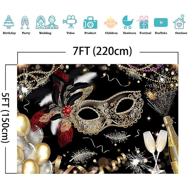 Yq 7x5ft Maskeradfest Fotobakgrund Guld och Svart Mask Fjäder Champagne Fotografi Bakgrund Lyxig Födelsedag Mardi Gras Fotostudio Rekvisita B