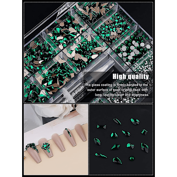3100 st Professionella Nagelstenar Set Grön Nagelkonst Kristallstenar För Naglar Blandade Former AB Nagelstenar Juveler Med Stenplockare Punkt