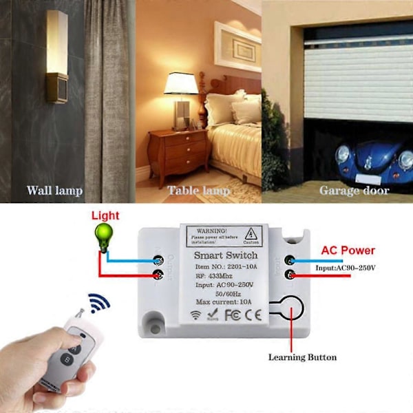 433MHz AC 110V 220V 1 CH RF Relémottakermodul Universal Trådløs Fjernkontroll