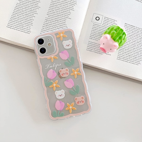 Kompatibel med iPhone 12 Etui Transparent Sød Blomsterbjørn Mønster Blonder Linsbeskyttelse Design til Kvinder Piger Mode Slank Blød Fleksibel TPU Gummi