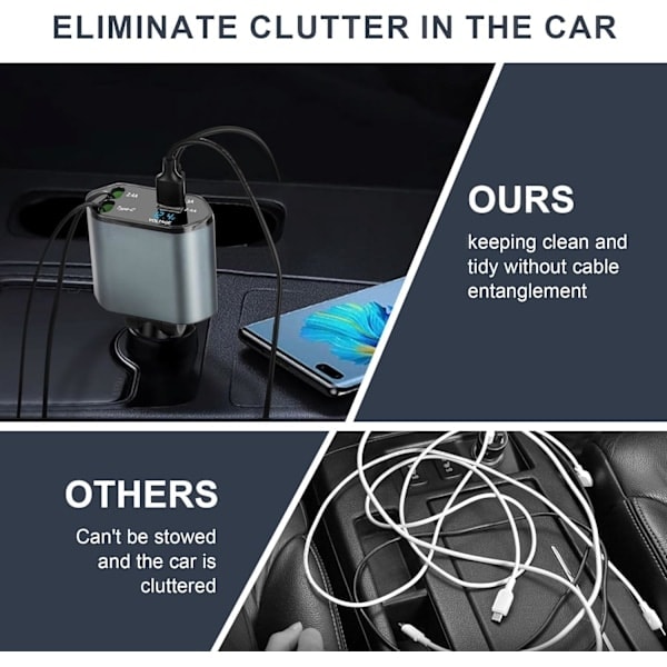 120W Udtrækkelig Biloplader 4 i 1 Bilopladeradapter med Udtrækkeligt Kabel og USB/USB-C Port Kompatibel med iPhone, Android, Samsung Galaxy