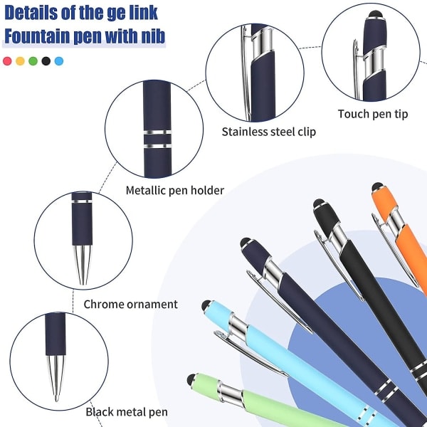 5 kuulakärkikynää kärjillä, musta muste hieno kärki, metallikynä, 2 in 1 stylus kuulakärkikynä