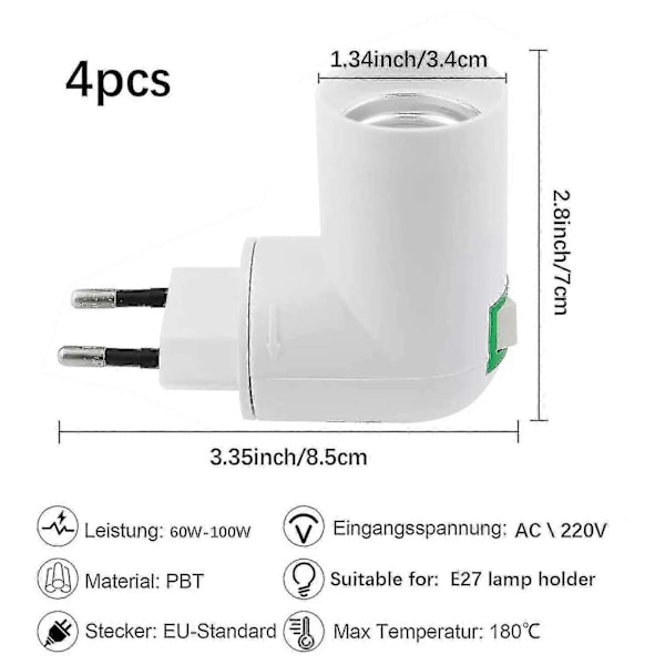 4 stk. E27 med kontaktkonstruktionsstik AC 220V elektrisk stikkontakt til køkkenvæglampe adapter LED pæreholder (hvid)
