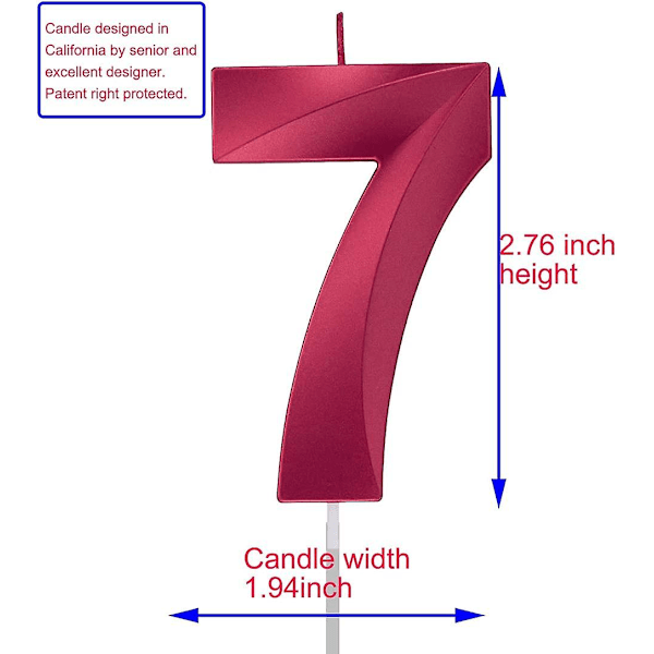 M-kokoinen 2,76 tuuman punainen 7-vuotis syntymäpäivänumero kynttilä, 3D-muotoinen glitter 7 kakku/kupkakakku koristeet juhliin ja koristeluun lapsille/aikuisille