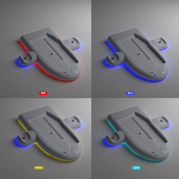 Laderstativ for PS5 Slim, Vertikal Stativ med Kjøleventilator og Dobbel Kontrollerladerstasjon for PS5 Slim, med RGB LED-lys