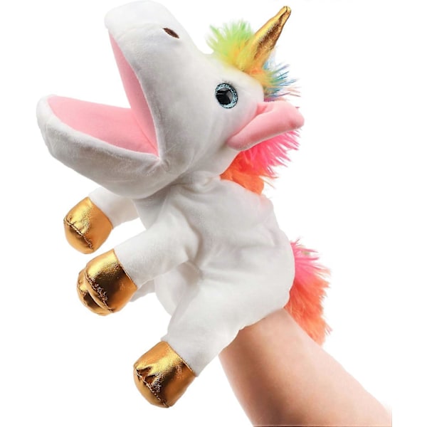 Plush Unicorn Hand Puppet med Öppen Rörlig Mun för Fantasifull Lek, Rollspel, Interaktiv Leksak för Berättande, Dockteater, Födelsedag
