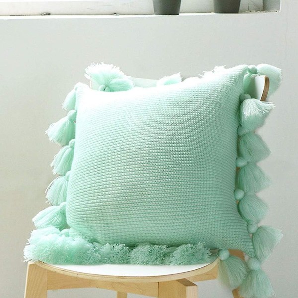 Strikkede putetrekk med pomponger og frynser - Boho Farmhouse stripete kabelstrikket putetrekk - Dekorative putetrekk for sofa og stue