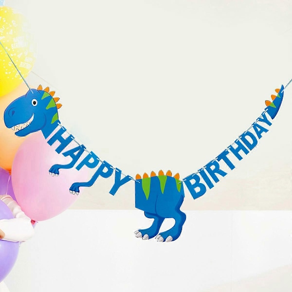Dinosaur Grattis på födelsedagen Banner Girlang Dekorationer för födelsedagsfest (Blå)