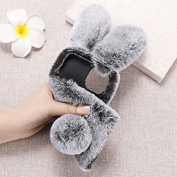 Etui for iPhone 13Pro  LAPOPNUT Søt Kaninøre Etui Luksuriøs Supermyk Varmt Fluffy Pels Kanin Støtsikker Bakside Silikon Etui Deksel med Stilig Sløyfe