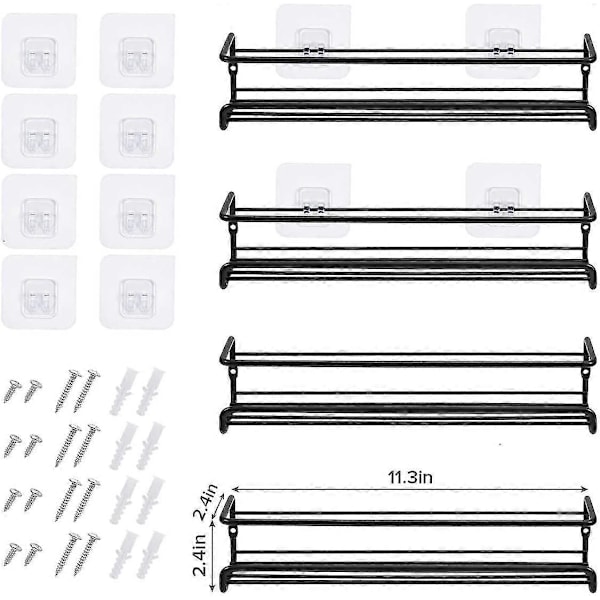 Sæt af 4 Metalvægmonterede Krydderistativer til Ophængning med Klæbemiddel eller Skruemontering Sort