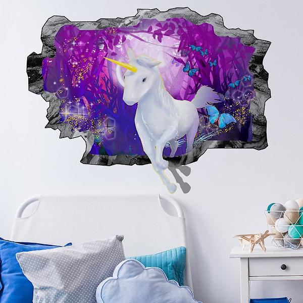 UNICORN WALL STICKER 3D LOOK - BOYS GIRLS BEDROOM ENCHANTED WALL DECAL