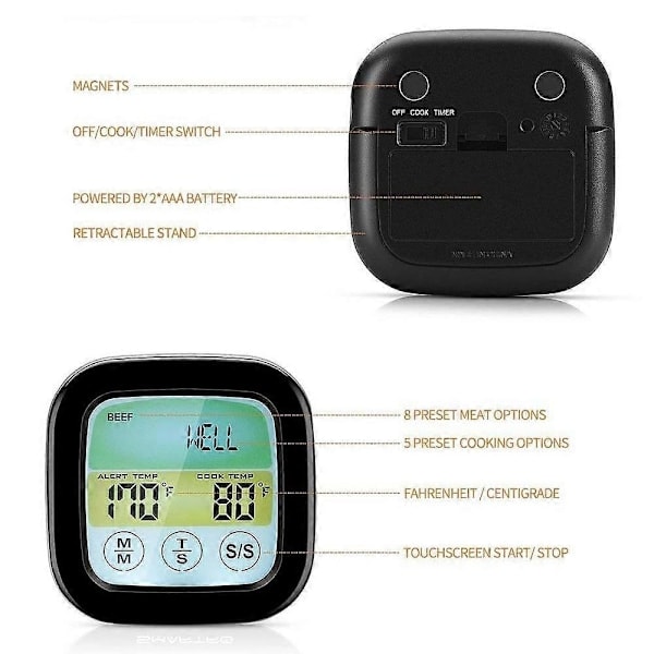 Trådlös grilltermometer för grillning, digital kötttermometer med dubbla prober, timer, alarm, röktermometer för matlagning i kök, ugn, mat