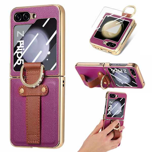 Plating Z Flip 5 Fodral, PU-Läderfodral för Samsung Galaxy Z Flip 5 med Glittrande Diamant Ringhållare & Bakre Skärmskydd