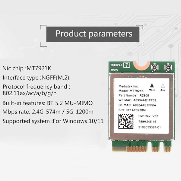 Wi-Fi 6E MT7921K Tri-band 1800 Mbps 2,4G/5G/6G Bluetooth 5.2 WiFi 6E Trådlöst Kort 802.11AX för Windows 10 / 11 Bättre än AX21